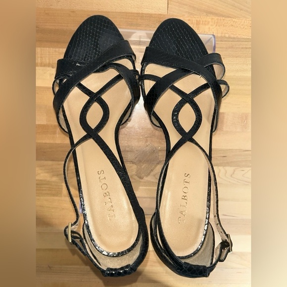 Talbots Lana Strappy Ankle Strap Black Leather Snake Skin 3 Inch Heel Size 9 - Picture 6 of 10